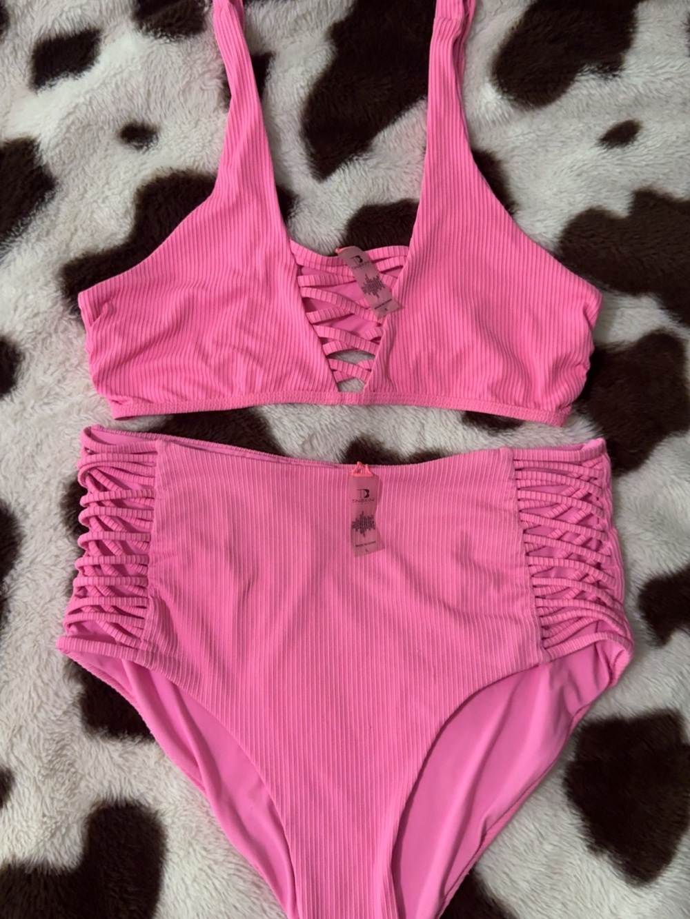 TiniBikini Hot Pink Ribbed Lace-Up High Waist Bikini Set